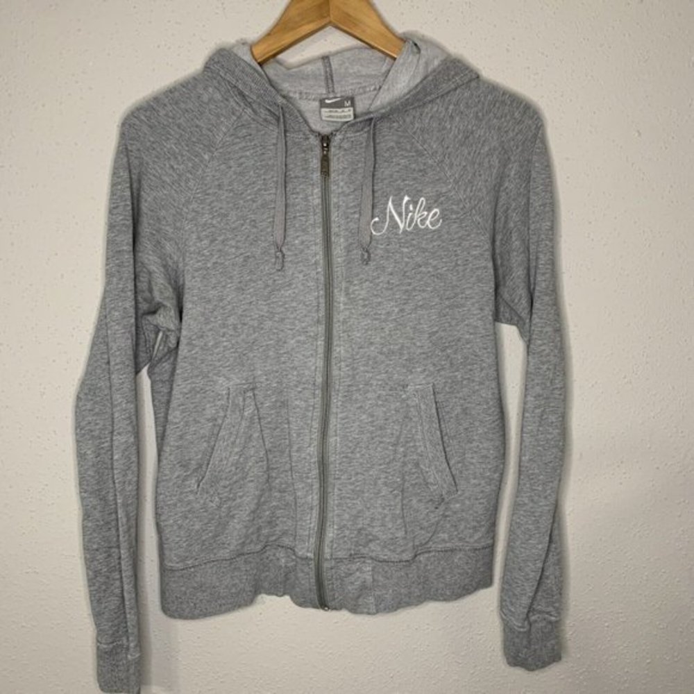 Nike Full Zip Embroidered Track Jacket Womens‎ Medium Grey Logo Y2K Silver Tag